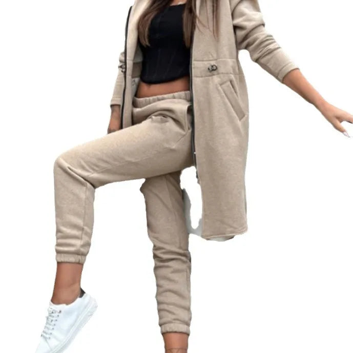 Hooded Zipper Long Coats Two Piece Suits Casual Straight Pants Thick Warm Coat Solid Sporty Autumn Winter