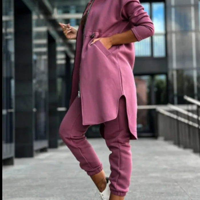 Hooded Zipper Long Coats Two Piece Suits Casual Straight Pants Thick Warm Coat Solid Sporty Autumn Winter