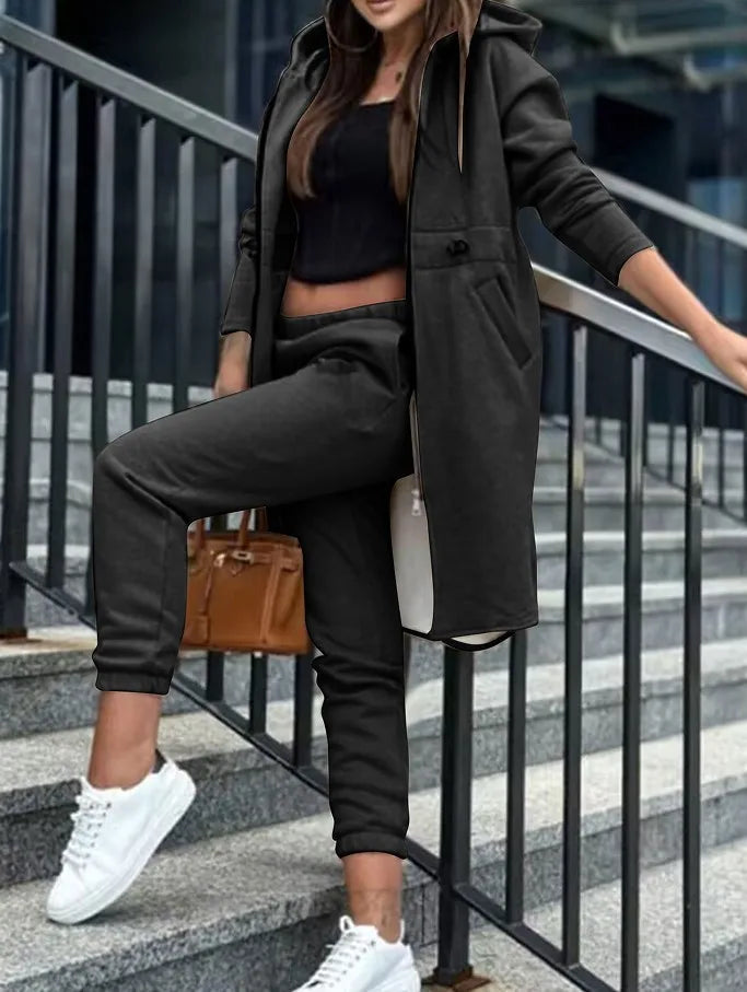 Hooded Zipper Long Coats Two Piece Suits Casual Straight Pants Thick Warm Coat Solid Sporty Autumn Winter