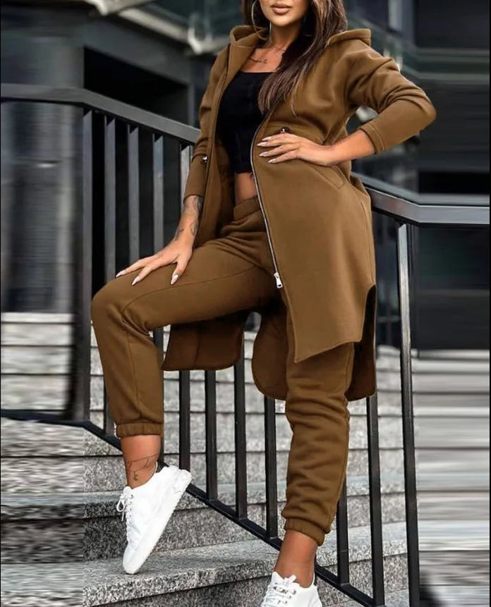 Hooded Zipper Long Coats Two Piece Suits Casual Straight Pants Thick Warm Coat Solid Sporty Autumn Winter