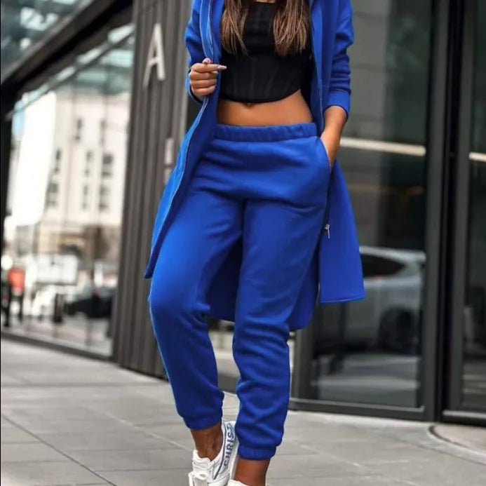 Hooded Zipper Long Coats Two Piece Suits Casual Straight Pants Thick Warm Coat Solid Sporty Autumn Winter