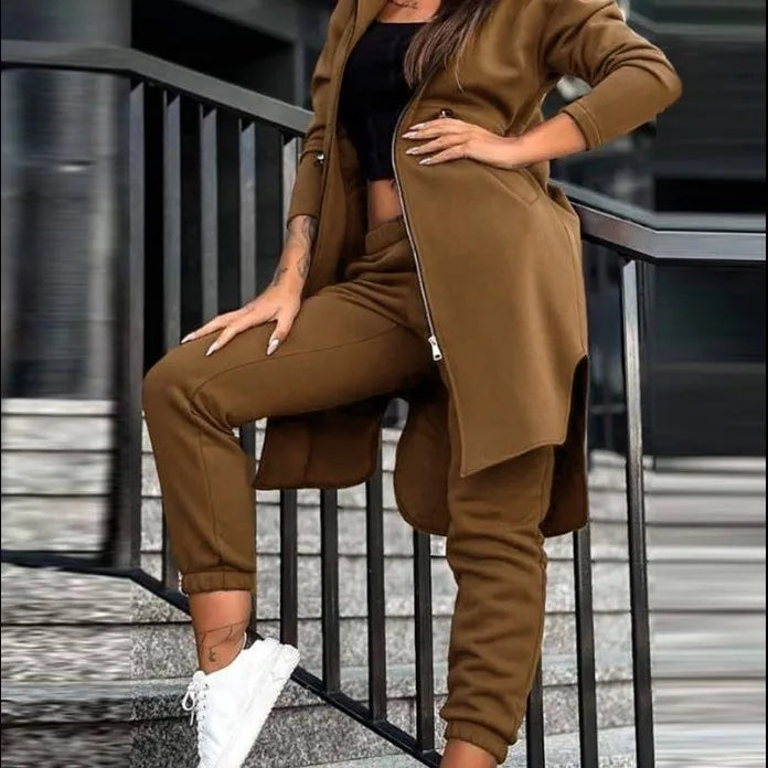 Hooded Zipper Long Coats Two Piece Suits Casual Straight Pants Thick Warm Coat Solid Sporty Autumn Winter