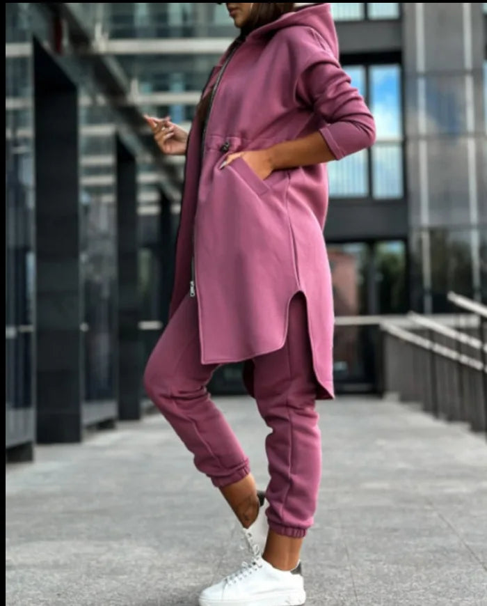 Hooded Zipper Long Coats Two Piece Suits Casual Straight Pants Thick Warm Coat Solid Sporty Autumn Winter