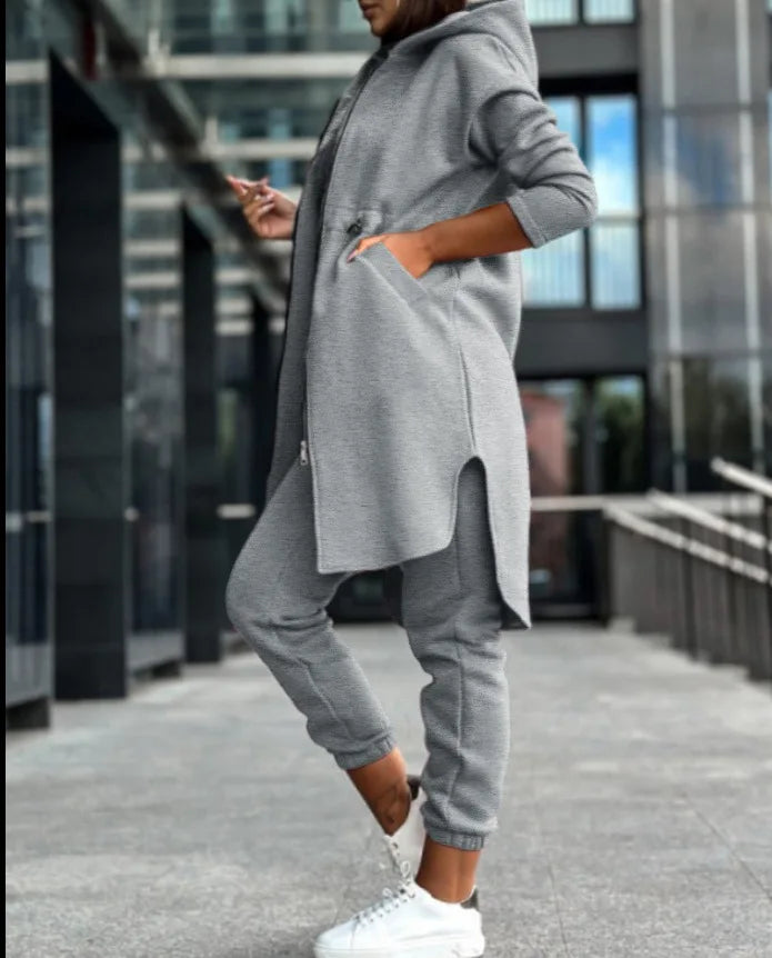 Hooded Zipper Long Coats Two Piece Suits Casual Straight Pants Thick Warm Coat Solid Sporty Autumn Winter
