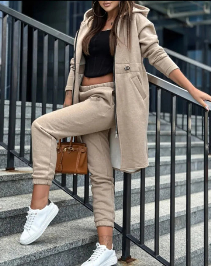 Hooded Zipper Long Coats Two Piece Suits Casual Straight Pants Thick Warm Coat Solid Sporty Autumn Winter