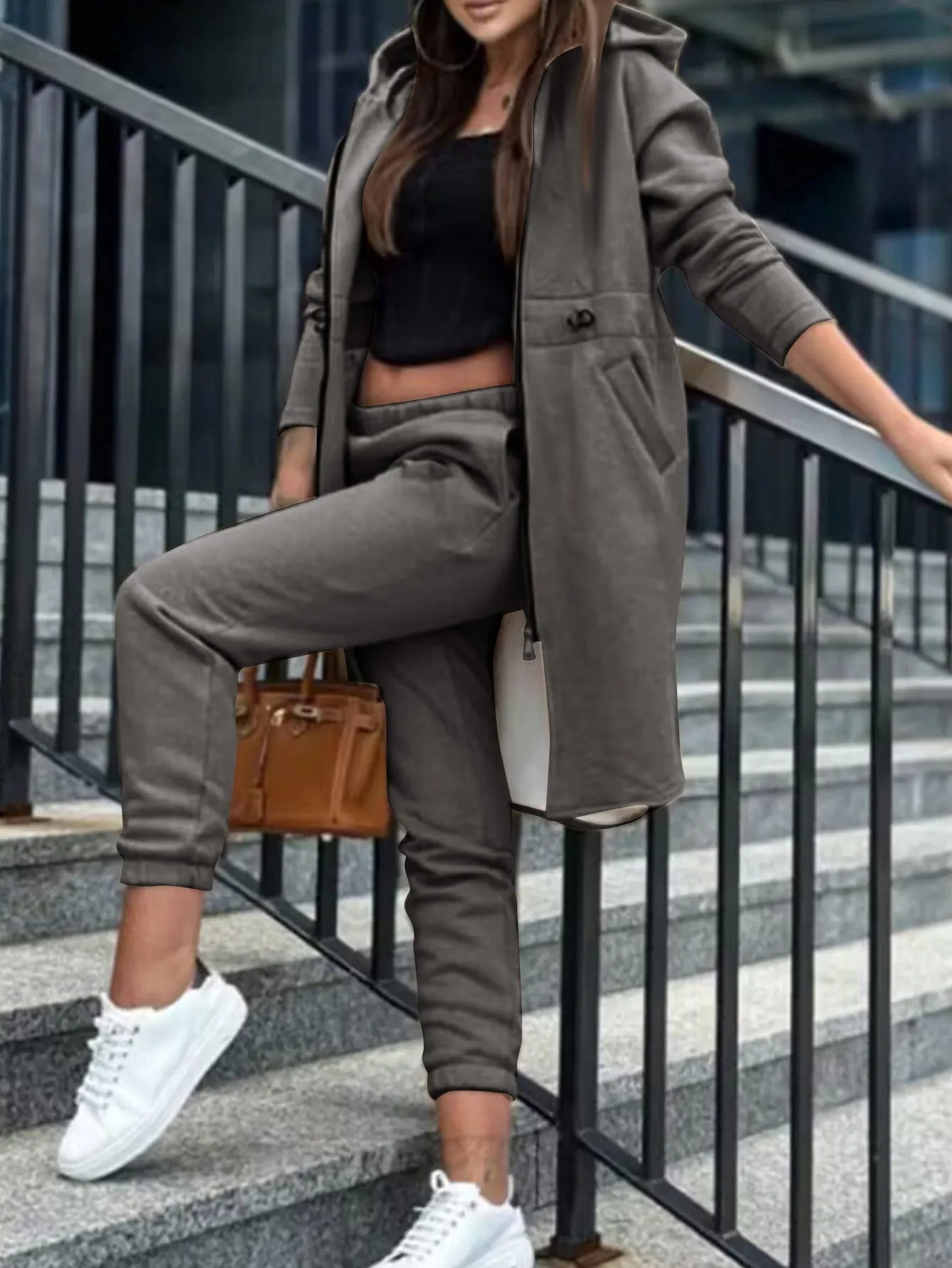 Hooded Zipper Long Coats Two Piece Suits Casual Straight Pants Thick Warm Coat Solid Sporty Autumn Winter